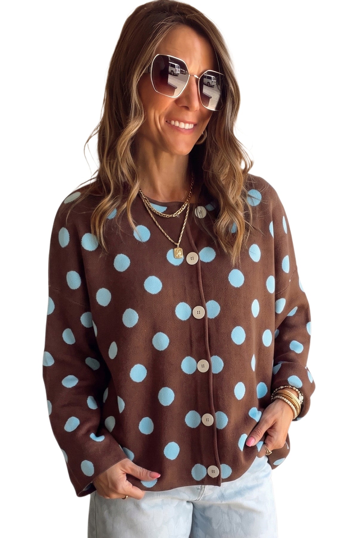 Brown Polka Dot Button Down Dropped Shoulder Shift Cardigan