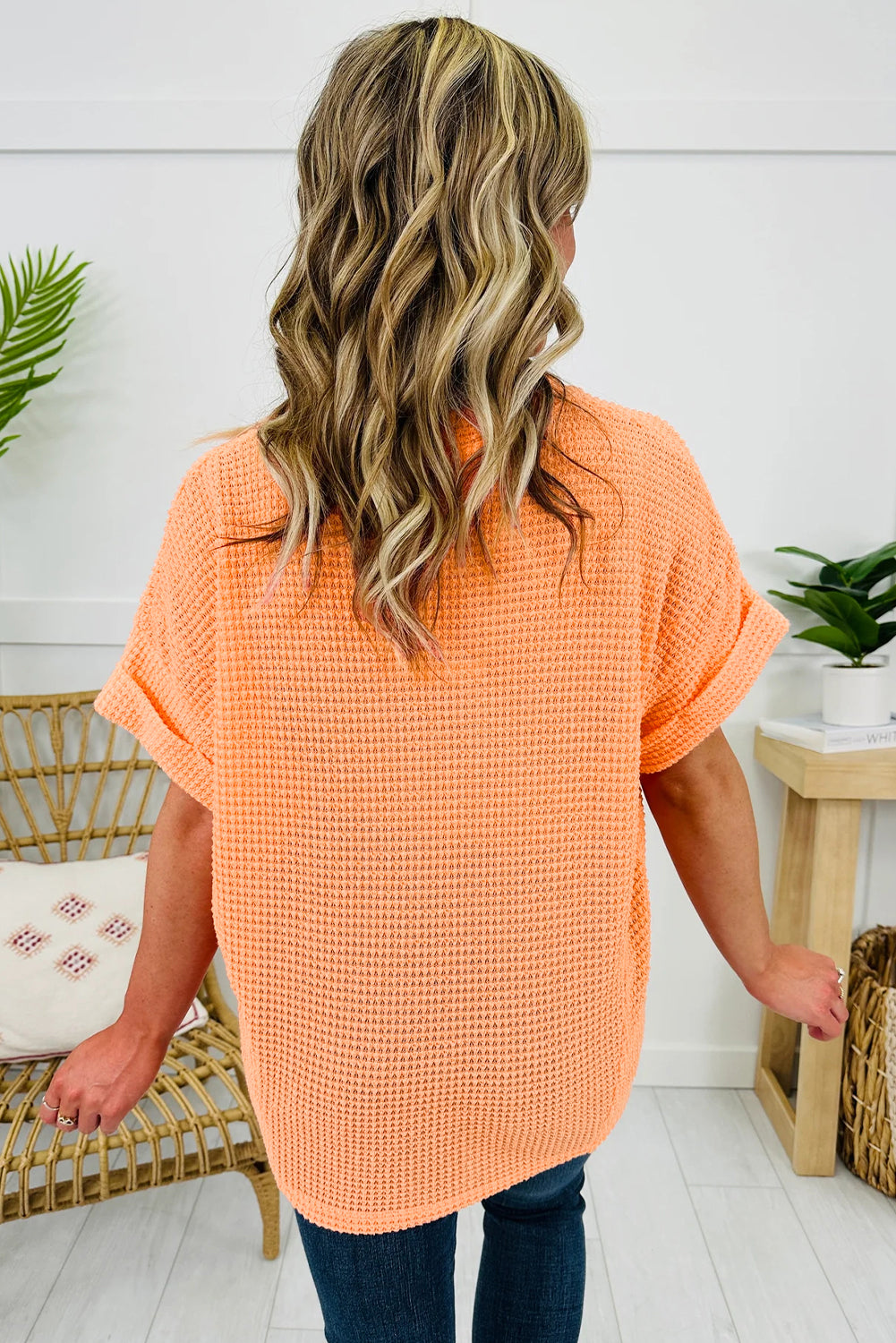 Grapefruit Orange Waffle V Neck Short Sleeve Knit Top
