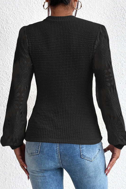 Top de punto tipo gofre con mangas de burbujas de malla de girasol beige