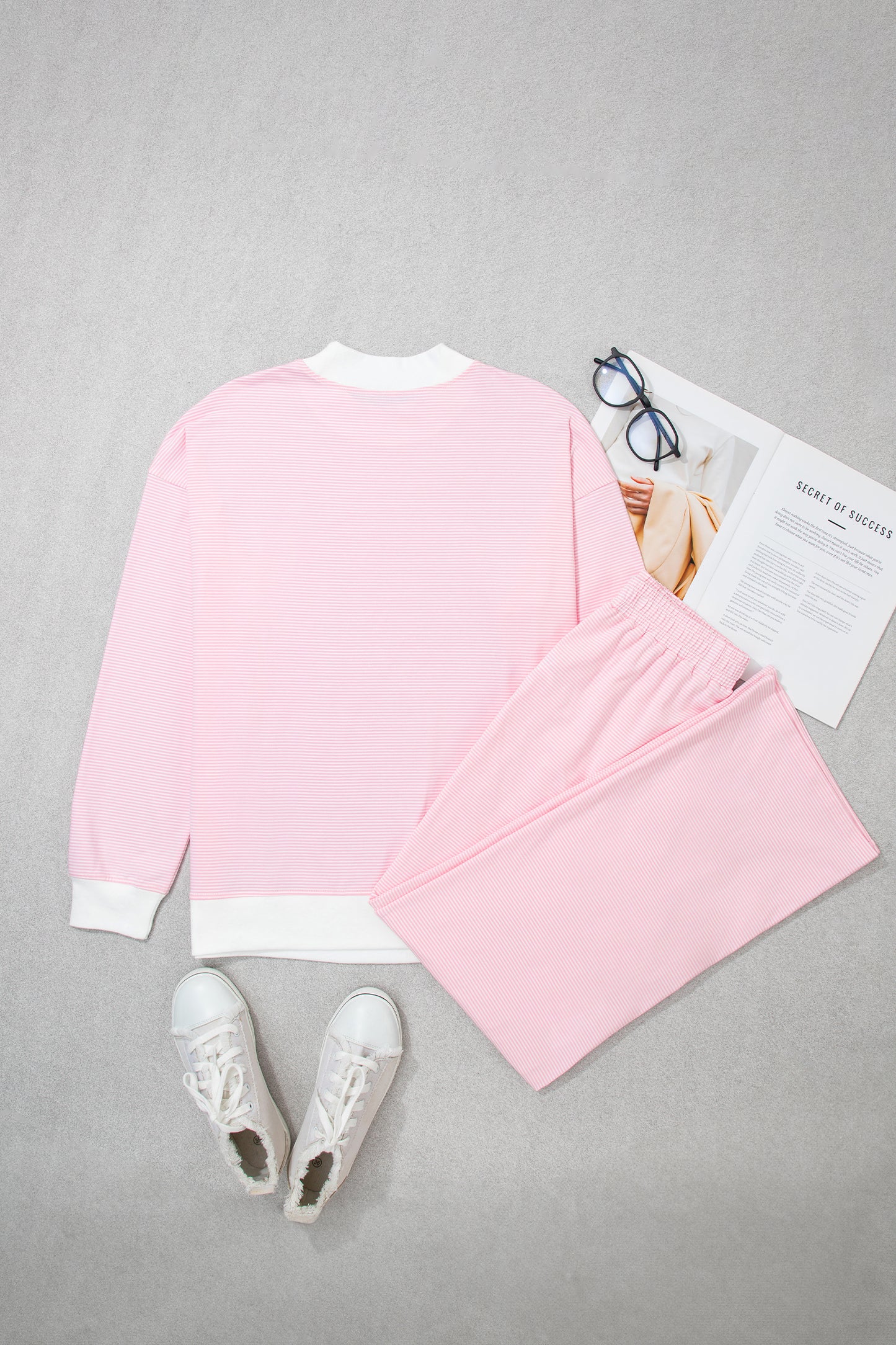 Pink Stripe Color Block Trim Mock Neck Pullover Drawstring Pants Casual Outfit