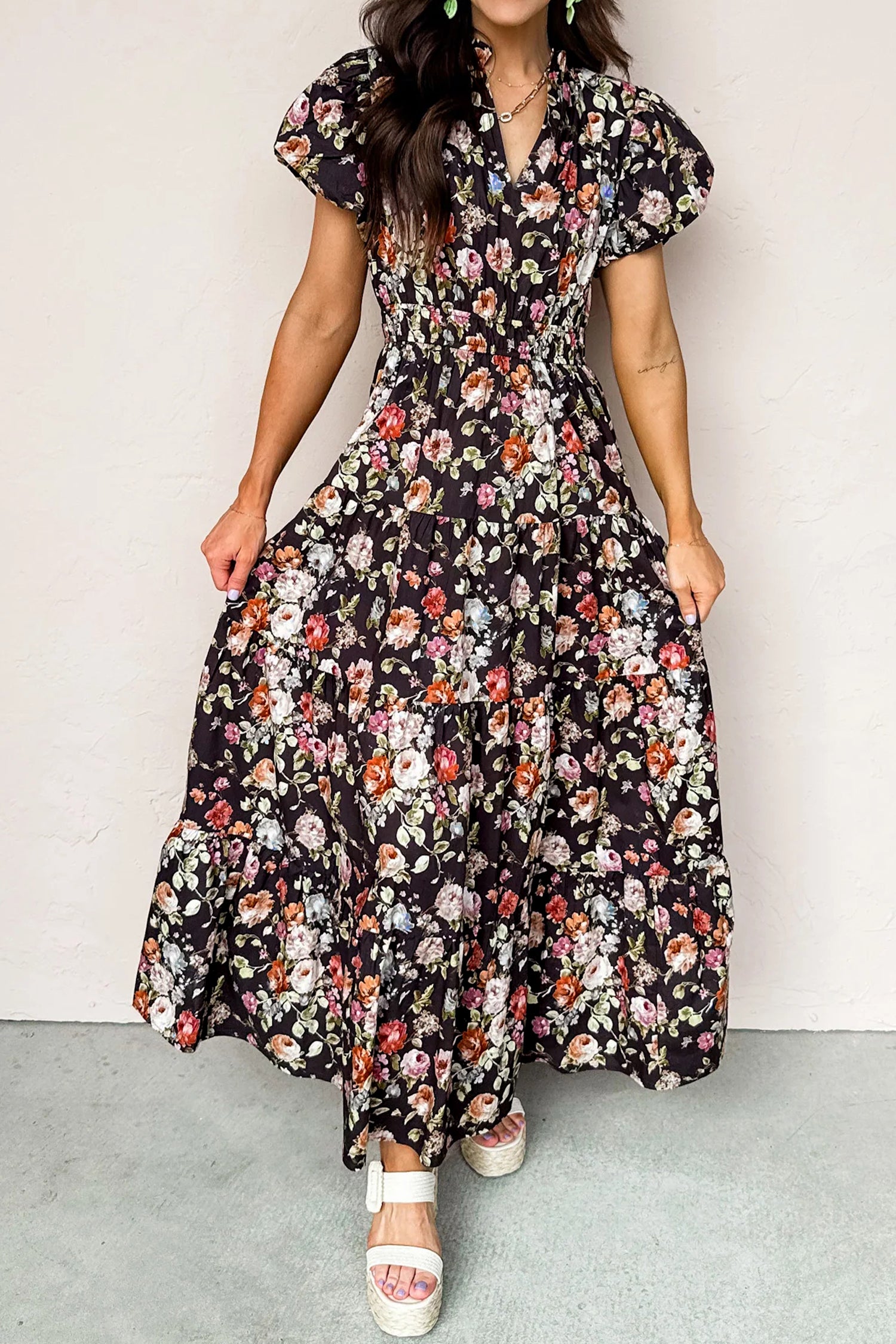 black floral pleated midi dress Baltic Born Womens Prim Pleated Dress | Black Print