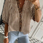 Brown Stripe Leopard Trim V Neck Button Down Half Sleeve Shirt