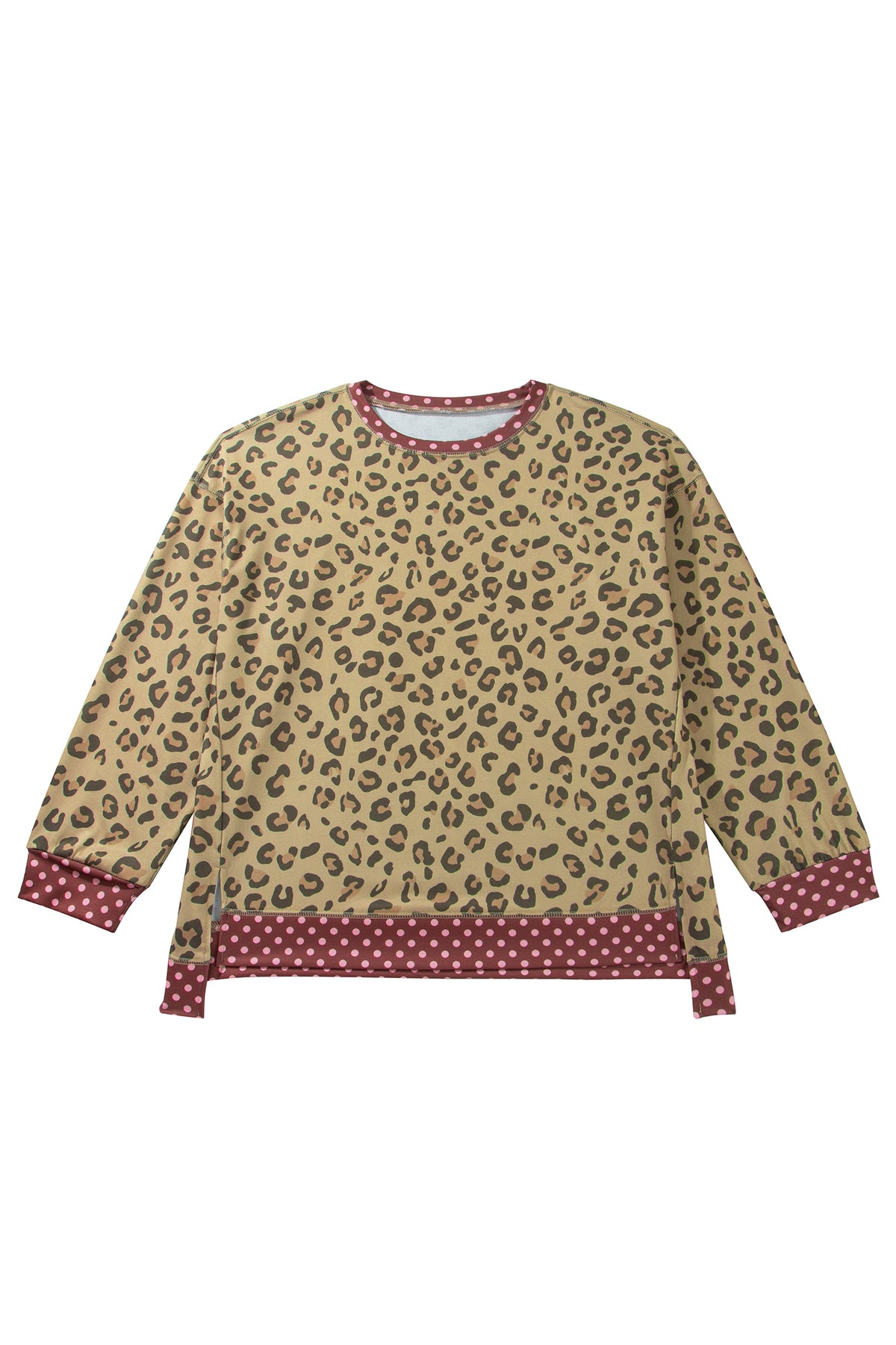 Brown Plus Size Leopard Print Contrast Polka Dot Trim Long Sleeve Top