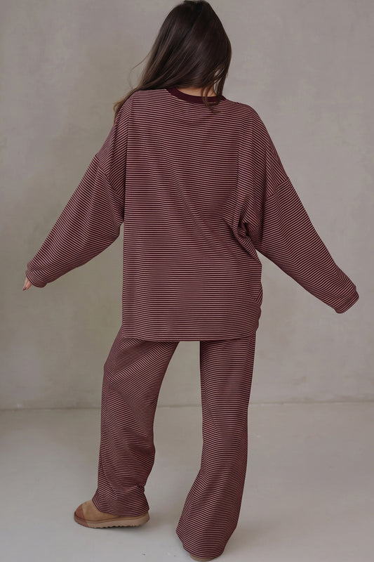 Brown Stripe Contrast Trim Round Neck Oversize Long Sleeve Top 2pcs Pant Set