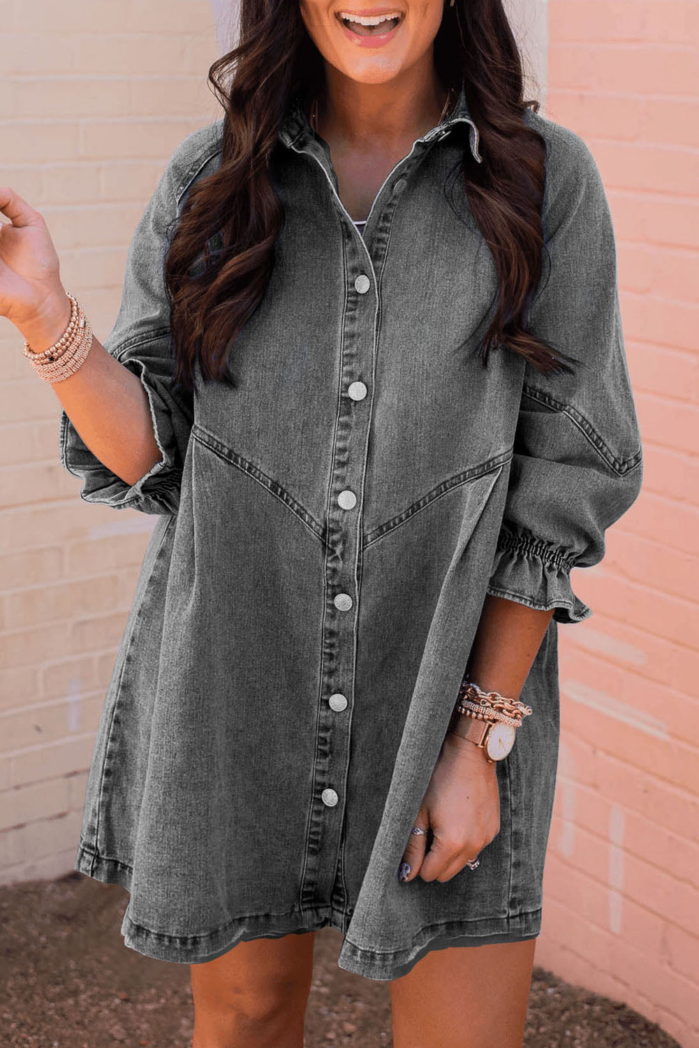 Gray Buttoned Long Sleeve Denim Mini Dress Sky Blue / M / 90%Cotton+10%Polyester