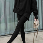 Black Solid Color Oversize Slit Sweatshirt Ribbed Leggings 2pcs Set