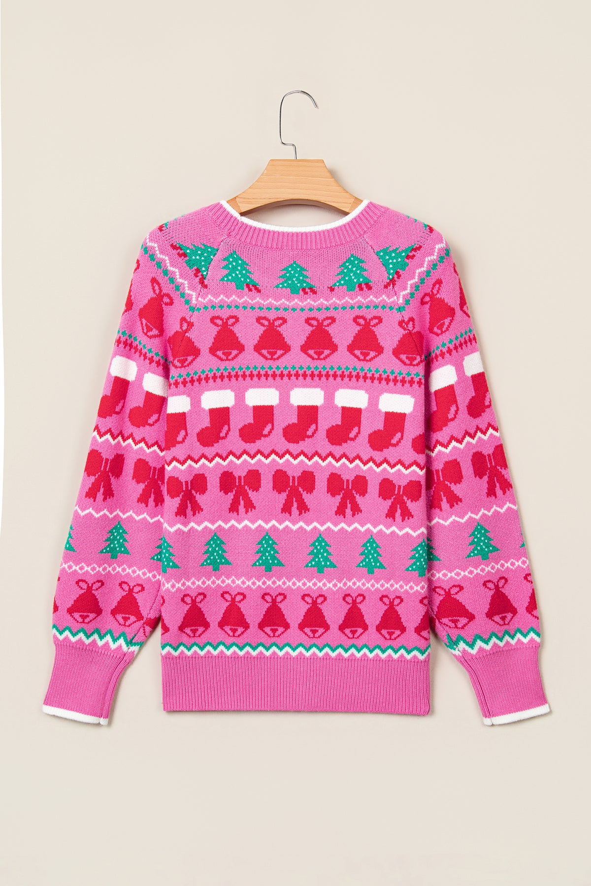 Pink Christmas Holiday Graphic Round Neck Knit Sweater