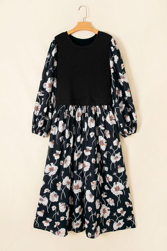 Black Floral Print Long Sleeve Round Neck Shift Plus Size Dress