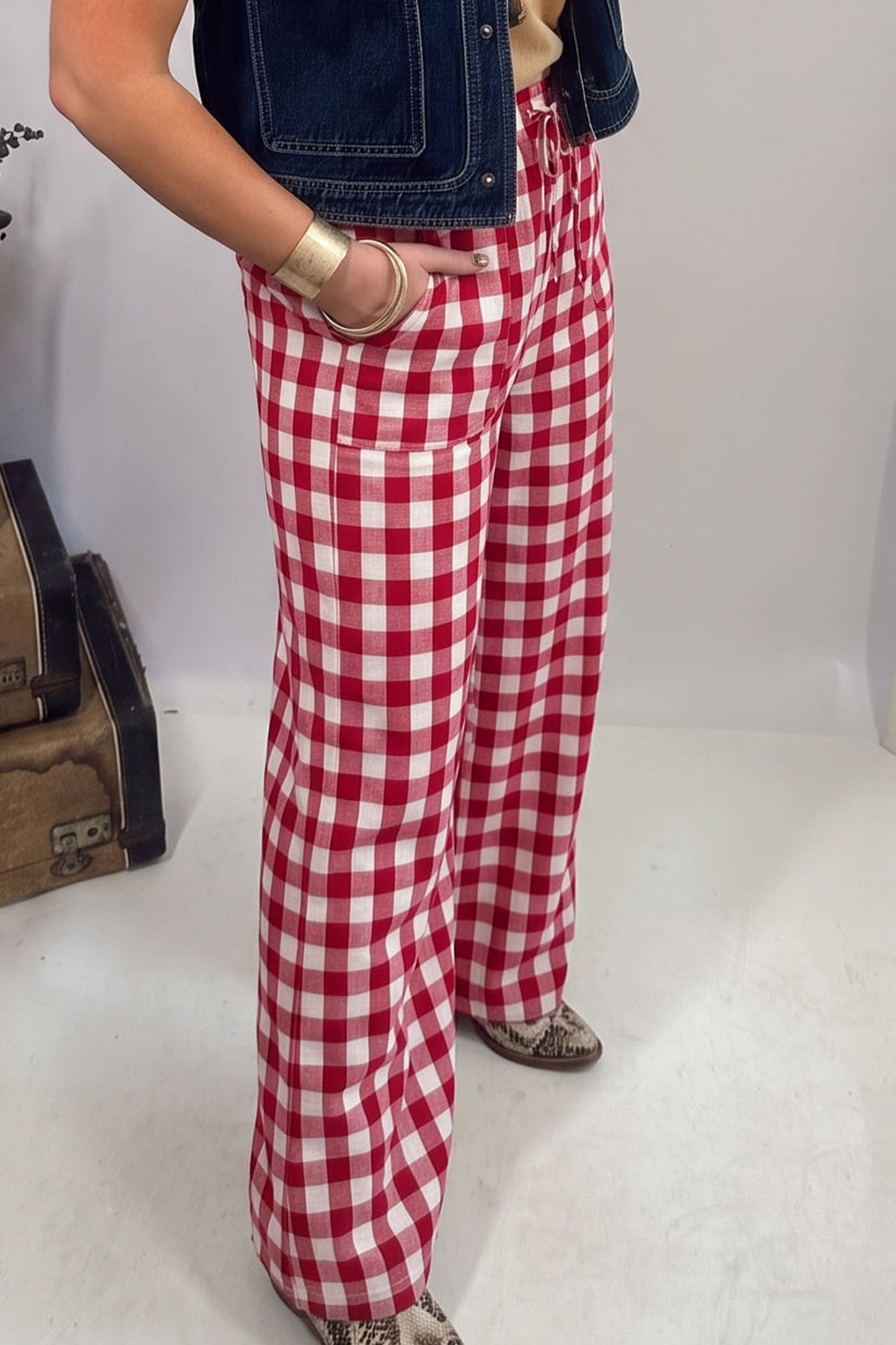Red Gingham Plaid Tie Elastic Waist Shift Pants