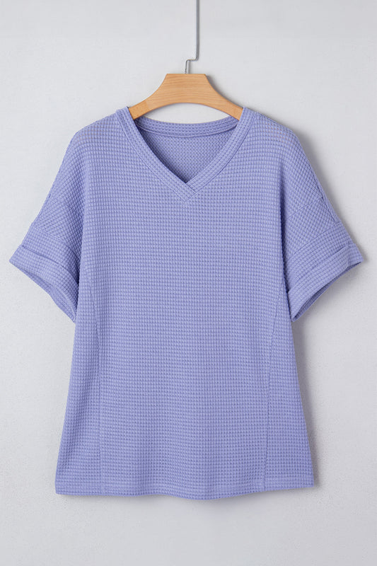 Wisteria V Neck Short Sleeve Plus Size Waffle Knit Top