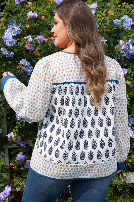 White Plus Size Boho Floral Print Contrast Trim Split Neck Puff Sleeve Patchwork Blouse