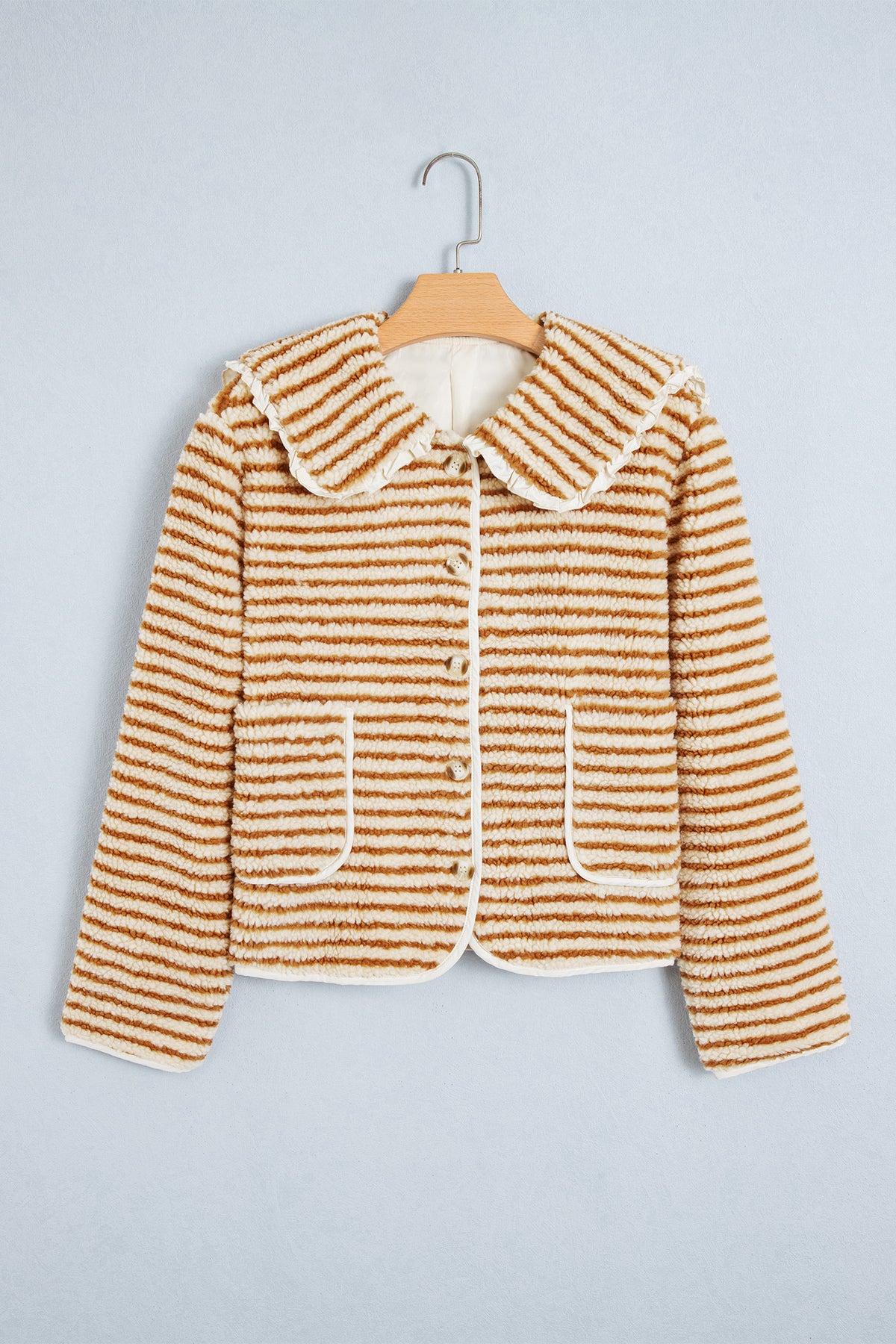 Brown Stripe Striped Fleece Button Front Long Sleeve Regular Fit Jacket
