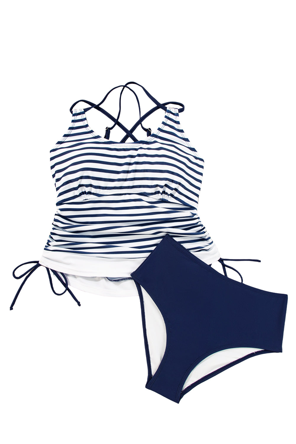 Maillot de bain tankini 2 pièces à rayures bleues avec cordon de serrage et effet gainant