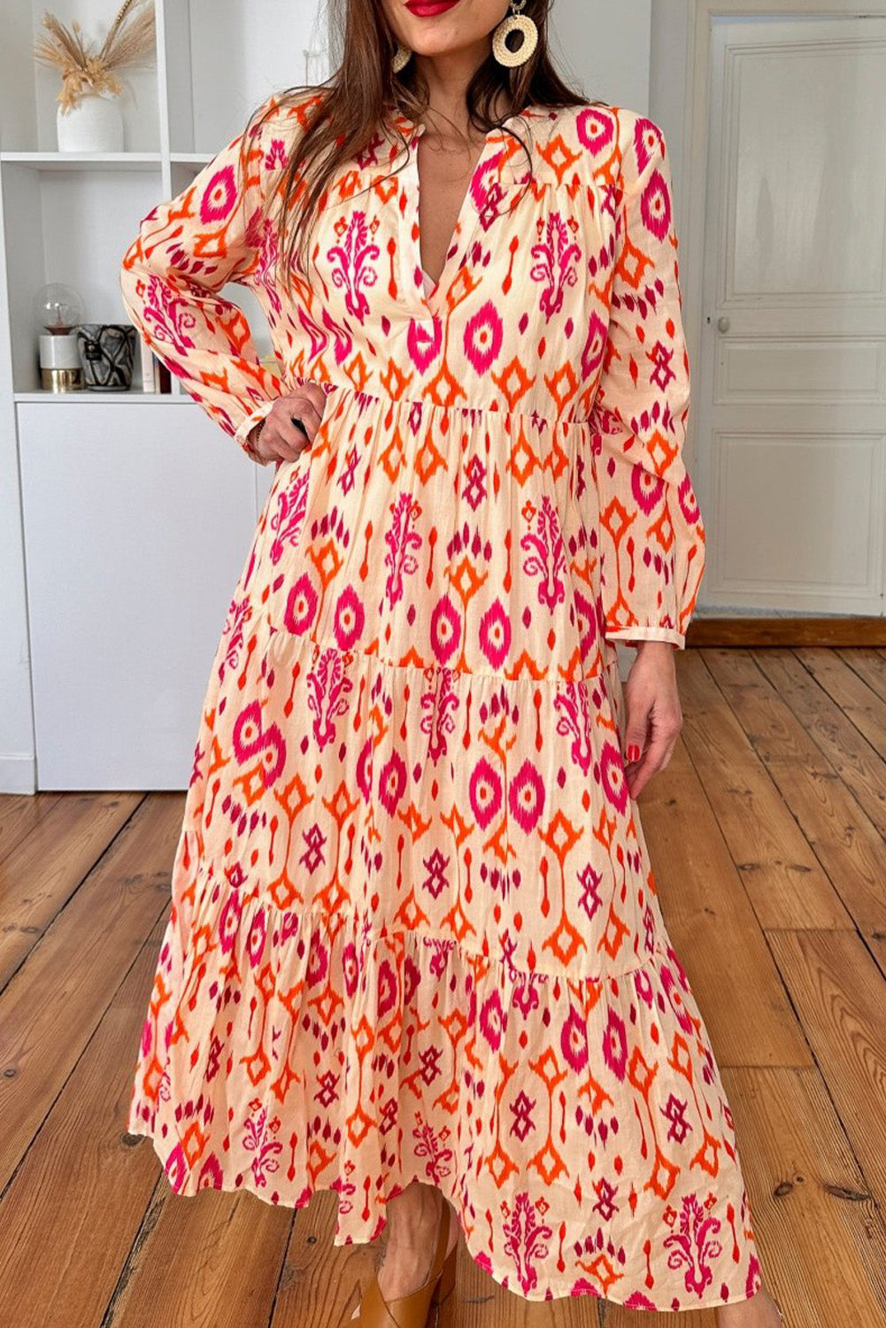 open lace back dress Buy Femvy Women's Pink & Orange Abstract Print Midi Dress – V-Neck, Flared  Sleeves, Smocked Waist, A-Line Casual Dress 01 at Amazon.in main image 0