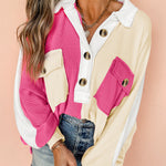 Sweat-shirt oversize à col côtelé colorblock rouge rose