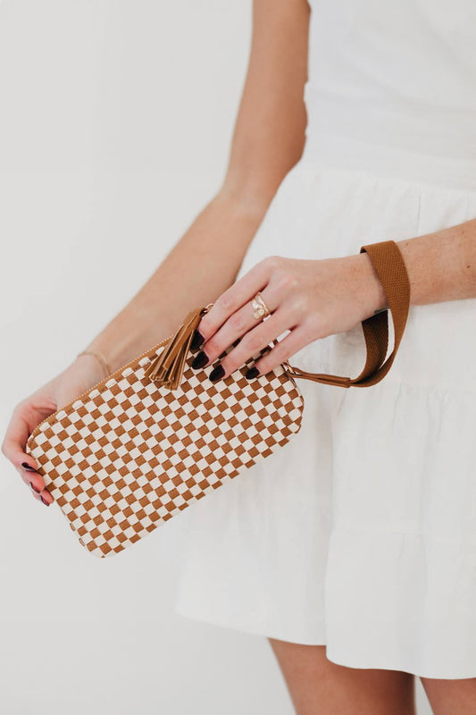 Chestnut Checkered Woven Clutch Wristlet PU Leather Large Size Patterned Wallet