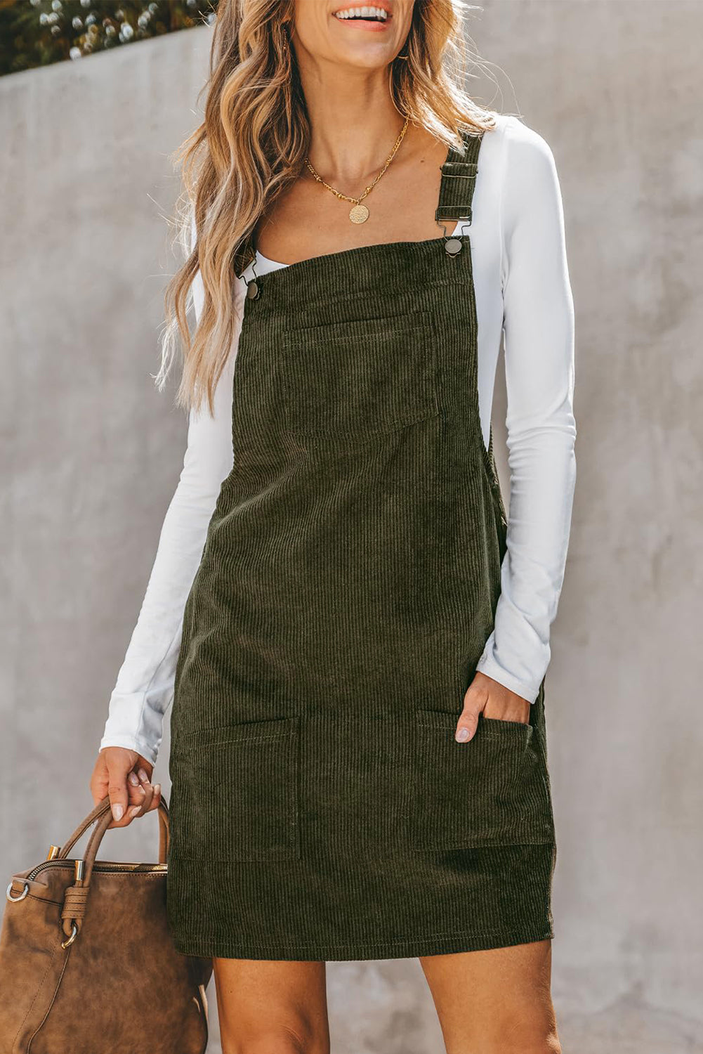 ワンピース Corduroy Dress (Checker) Vineyard Green Solid Front Pockets Sleeveless Corduroy Overall