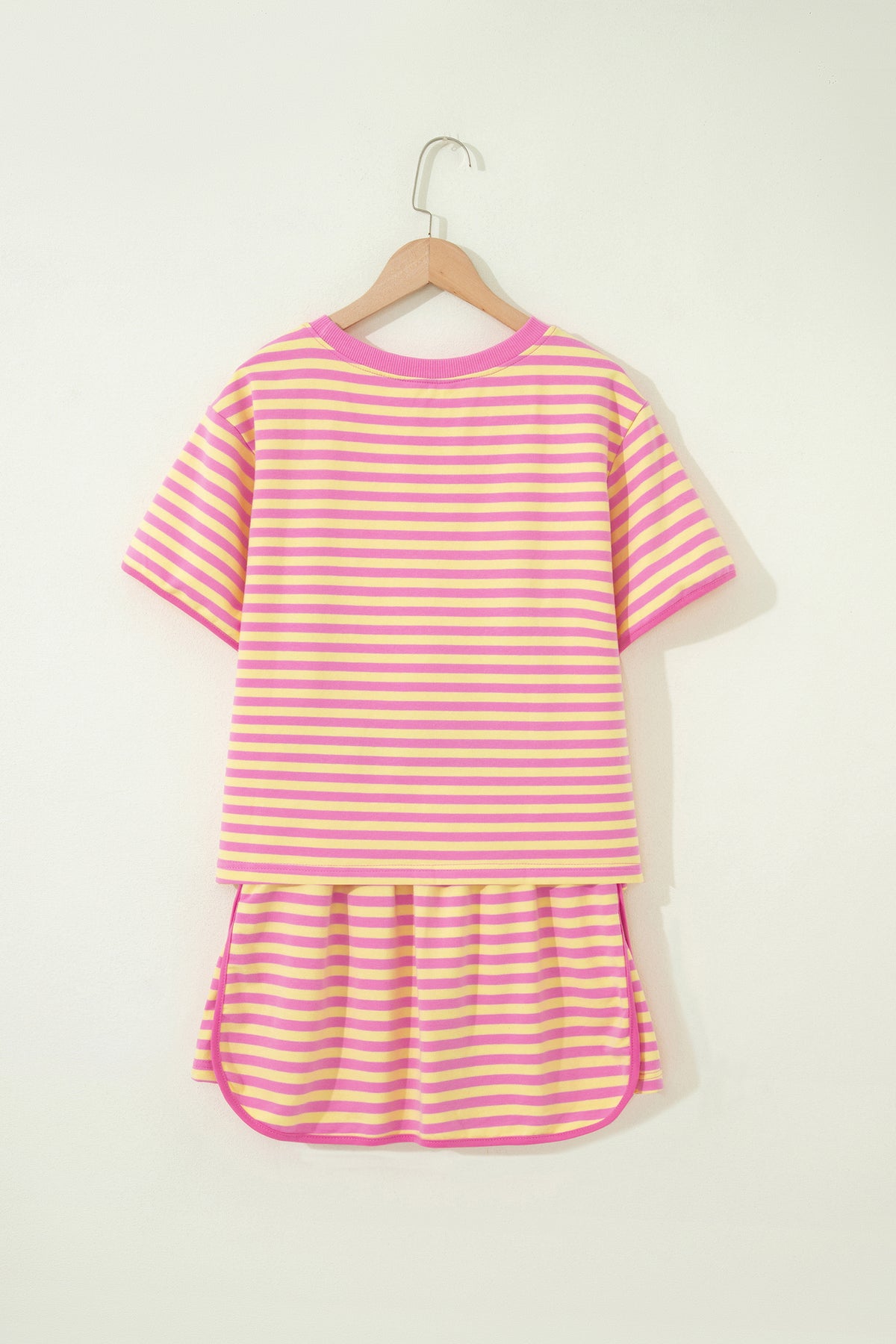 Pink Stripe Relaxed Short Sleeve Top Elastic Waist Drawstring Skort 2pcs Set