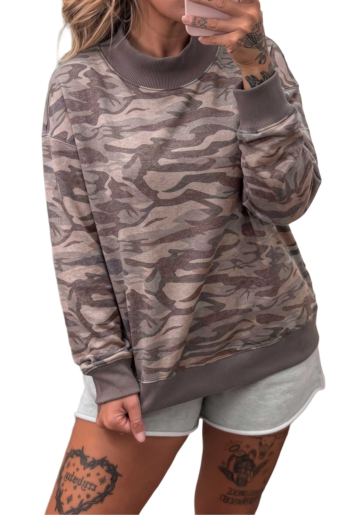 Multicolour Camouflage Print Mock Neck Casual Pullover Sweatshirt