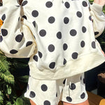 Beige Polka Dot Print Drop Shoulder Pullover Drawstring Shorts Set