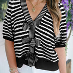 Black Stripe Short Sleeve Knit V Neck Bow Knot Sweater