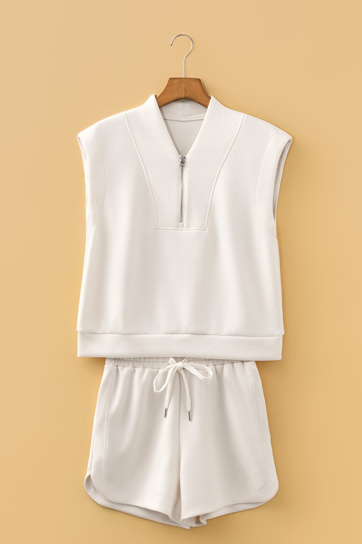 Oatmeal Quarter Zip Sleeveless Top Drawstring Shorts Casual 2pcs Outfit