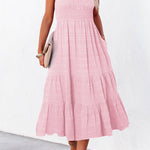 Pink Shirred Pleated Square Neck Sleeveless Midi Dress