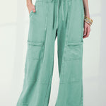 Mint Green Mineral Wash Exposed Seam Drawstring High Waist Wide Leg Cargo Pants