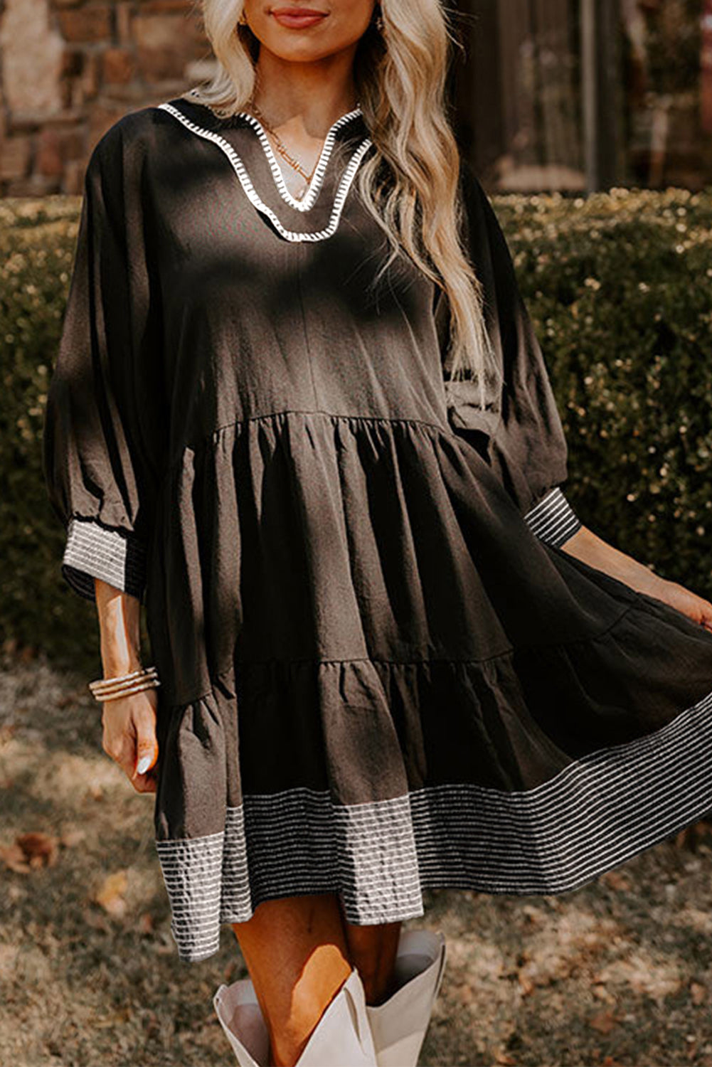 knee length dresses for ladies Entro Black 3/4 Sleeve Cotton V-Neck Mini Dress