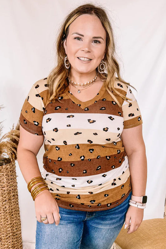 Color Block V Neck Plus Size T Shirt