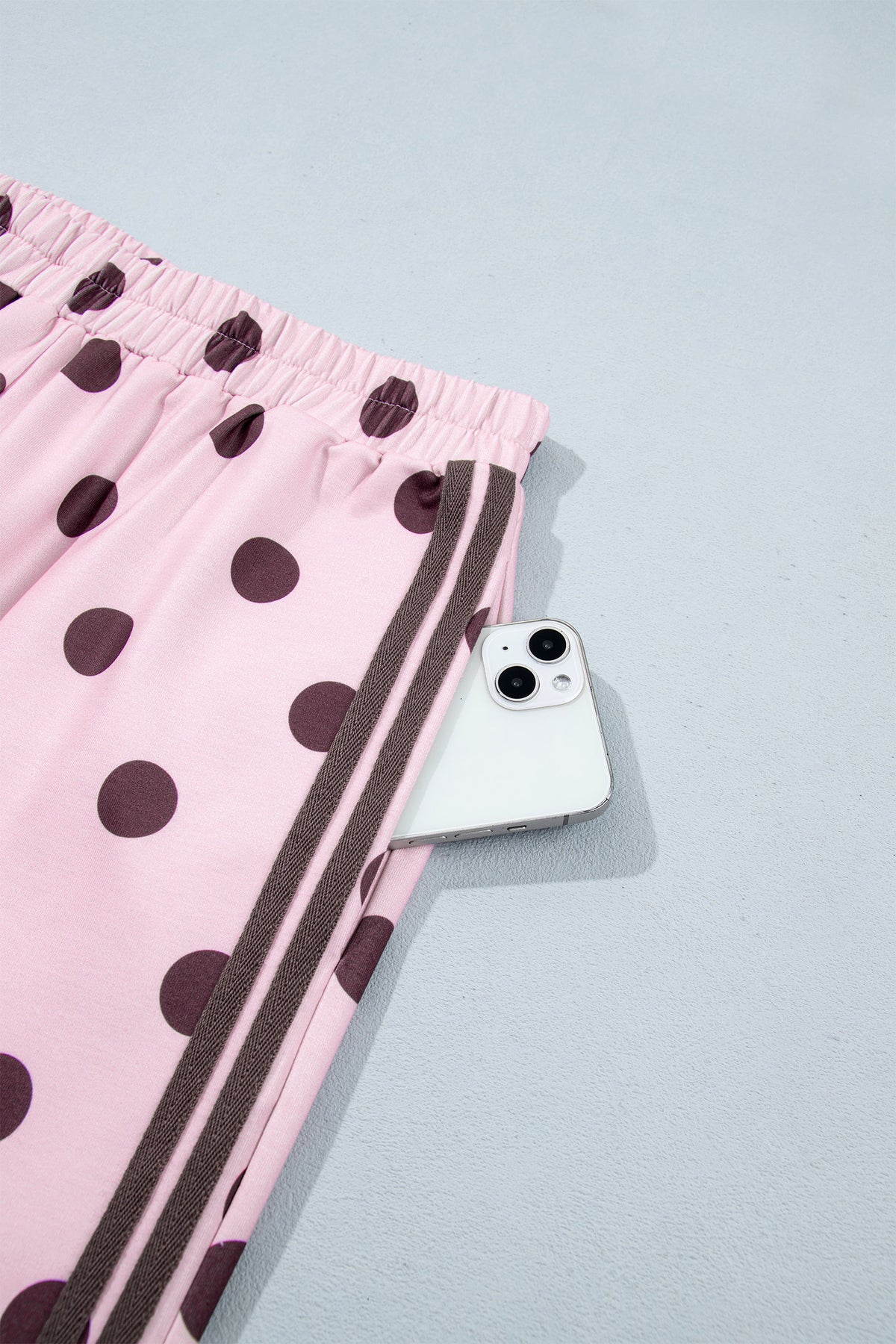 Pink Polka Dot Print Side Stripe Detail Long Sleeve Top Casual Pant Set