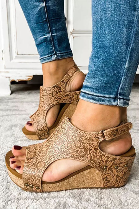 Vintage Floral Leather Rivet Hollowed Platform Sandals