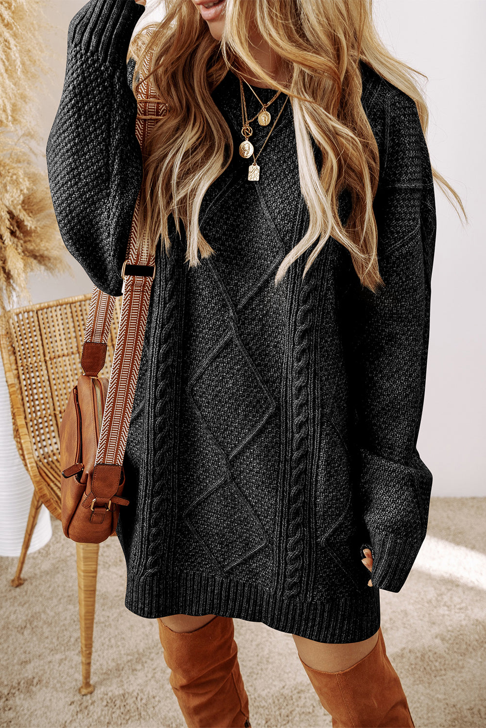 loose fitting sweater dresses for women Black Cable Knit Drop Shoulder Loose Fit Sweater Dress Black / M / 100%Polyester