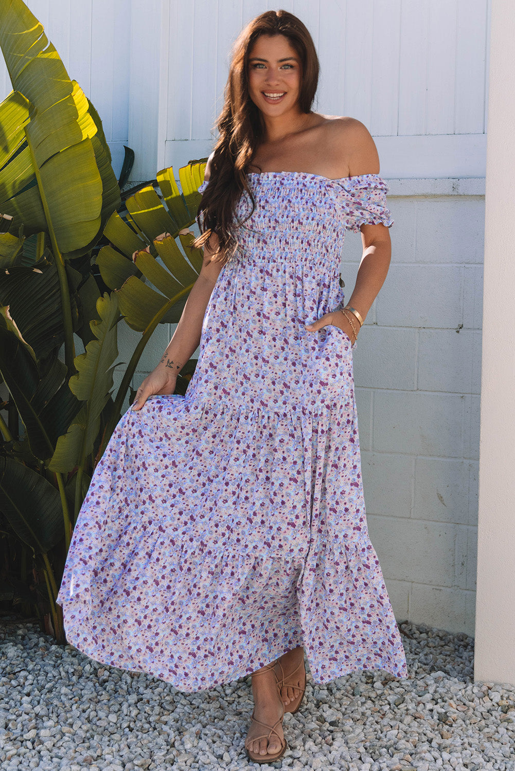 Purple Floral Short Bubble Sleeve Shirred High Waist Maxi Dress Purple Floral Short Bubble Sleeve Shirred High Waist Maxi Dress