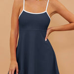 Navy Blue Color Block Edge Ribbed Pocketed Lined Swim Dress