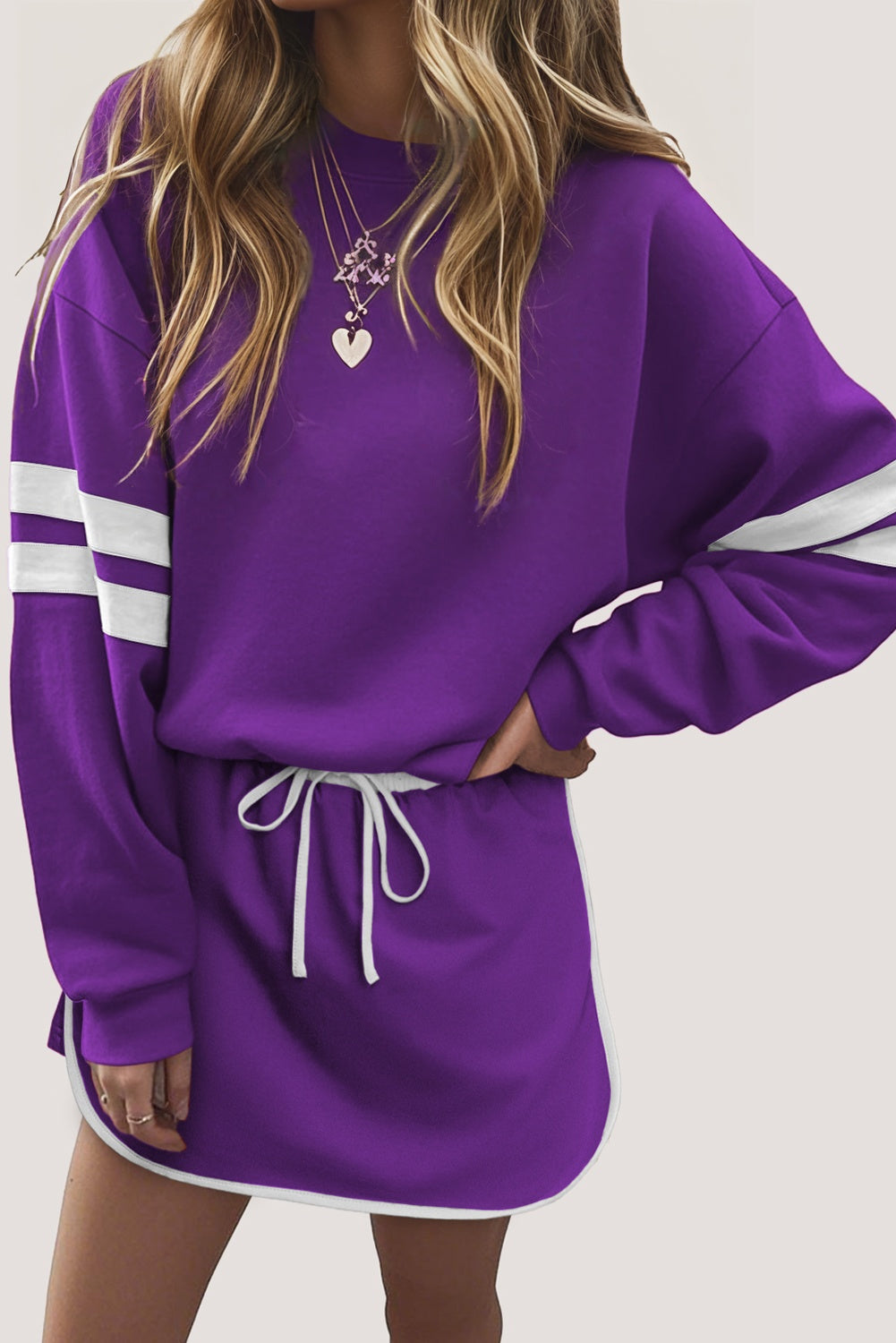Tillandsia Purple Varsity Stripe Detail Drop Shoulder Pullover Mini Skirt Set
