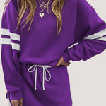 Tillandsia Purple Varsity Stripe Detail Drop Shoulder Pullover Mini Skirt Set