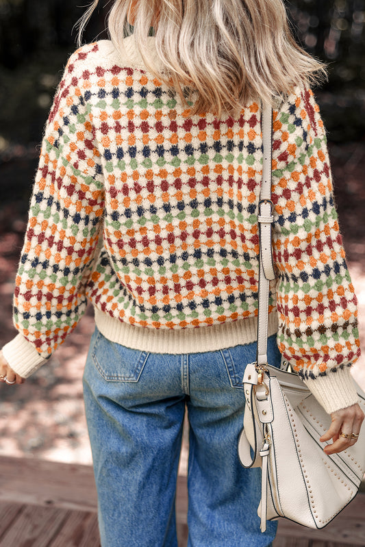 Multicolour Dotty Pattern Knit Button Front V Neck Sweater Cardigan