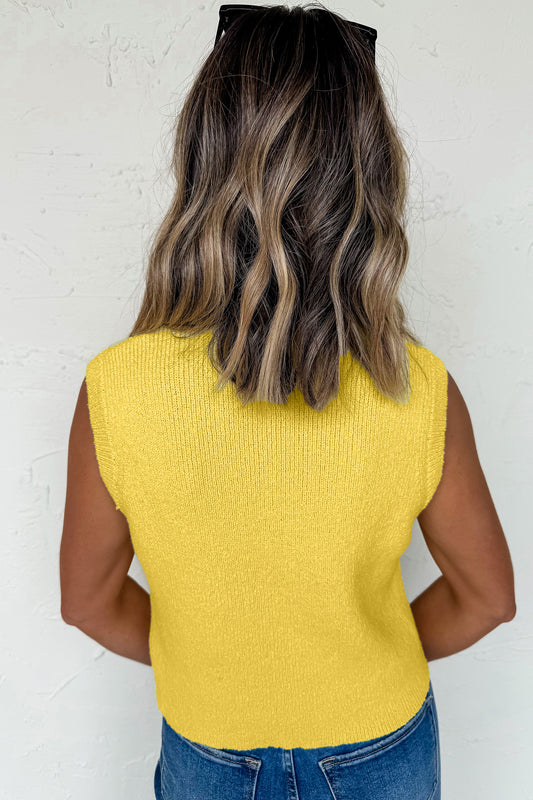 Yellow Cream Solid Color Sleeveless Knit Button Pocketed Sweater