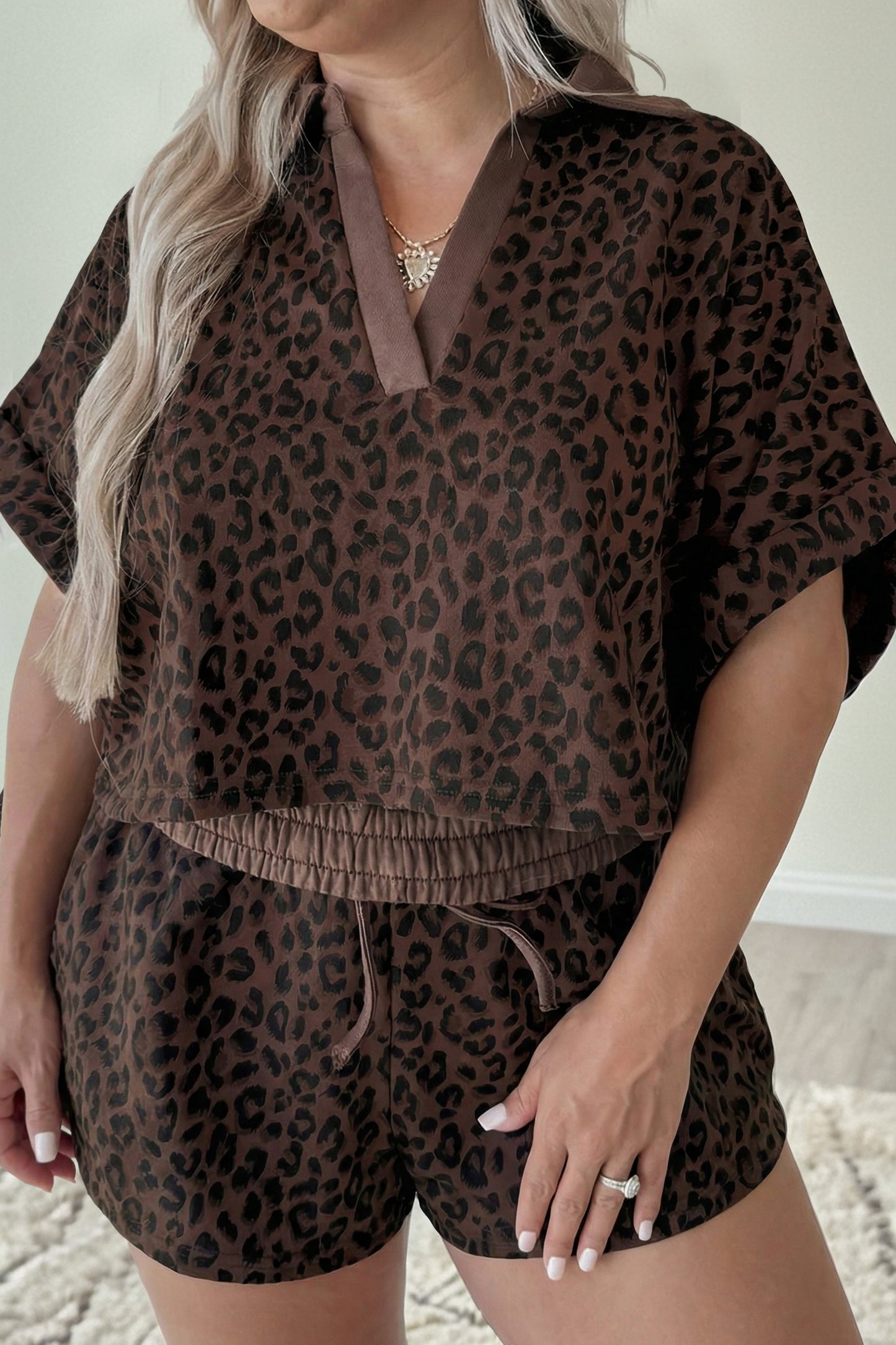 Brown Plus Size Leopard Short Set