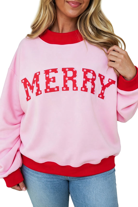 Pink Contrast Polka Dot Slogan Graphic Color Block Mock Neck Plus Sweatshirt