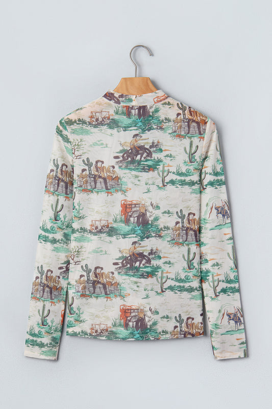 Green Western Print Long Sleeve Round Neck Slim Top