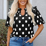 Black Polka Dot Print Shirred Yoke Notched Neck Balloon Sleeve Blouse
