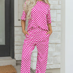 Rose Checkered Print Half Sleeve Tee 2pcs Lounge Pant Set