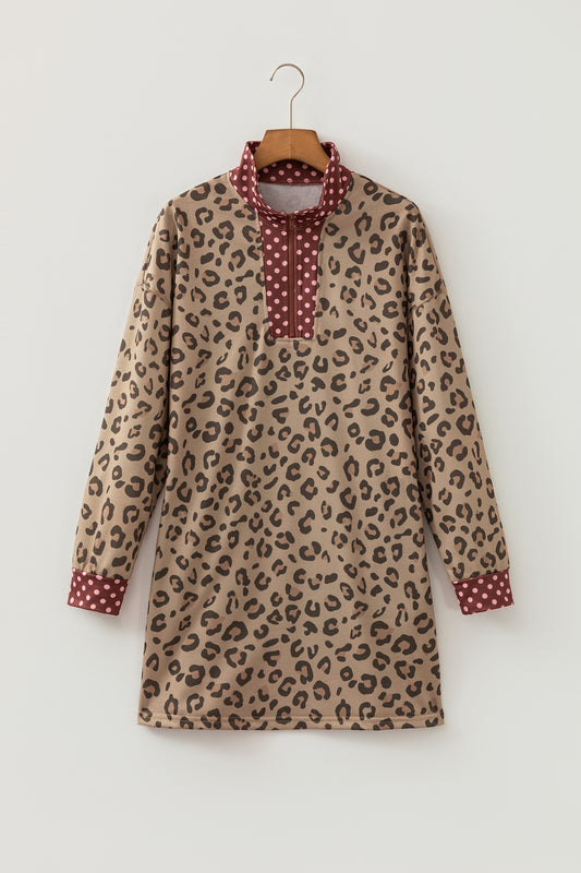 Brown Leopard Polka Dot Patchwork Detail Zip Neck Long Sleeve Mini Dress