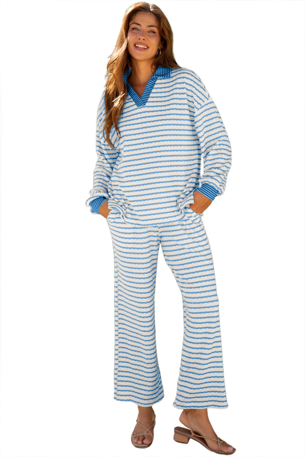 Sky Blue Stripe Collared Pullover Top and Drawstring Pant Set