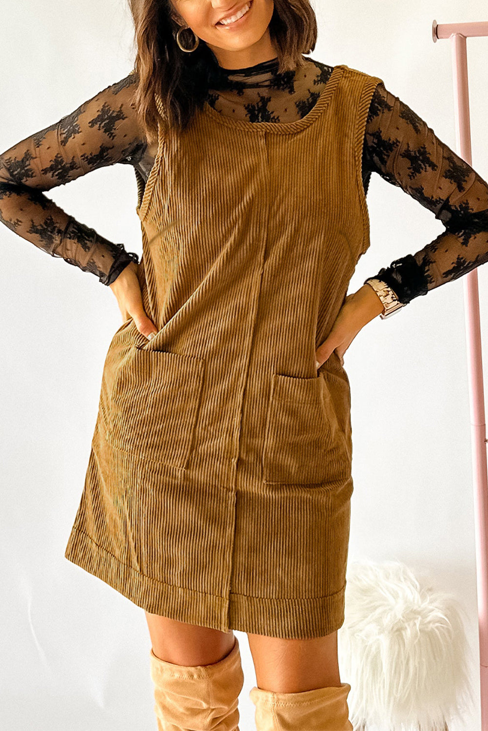 Beige Corduroy Sleeveless Mini Dress With Patched Pockets Beige / L / 100%Polyester