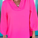 Bright Pink Frilled V Neckline Bracelet Sleeve Crinkled Blouse