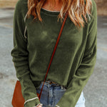 Green Textured Round Neck Long Sleeve Top