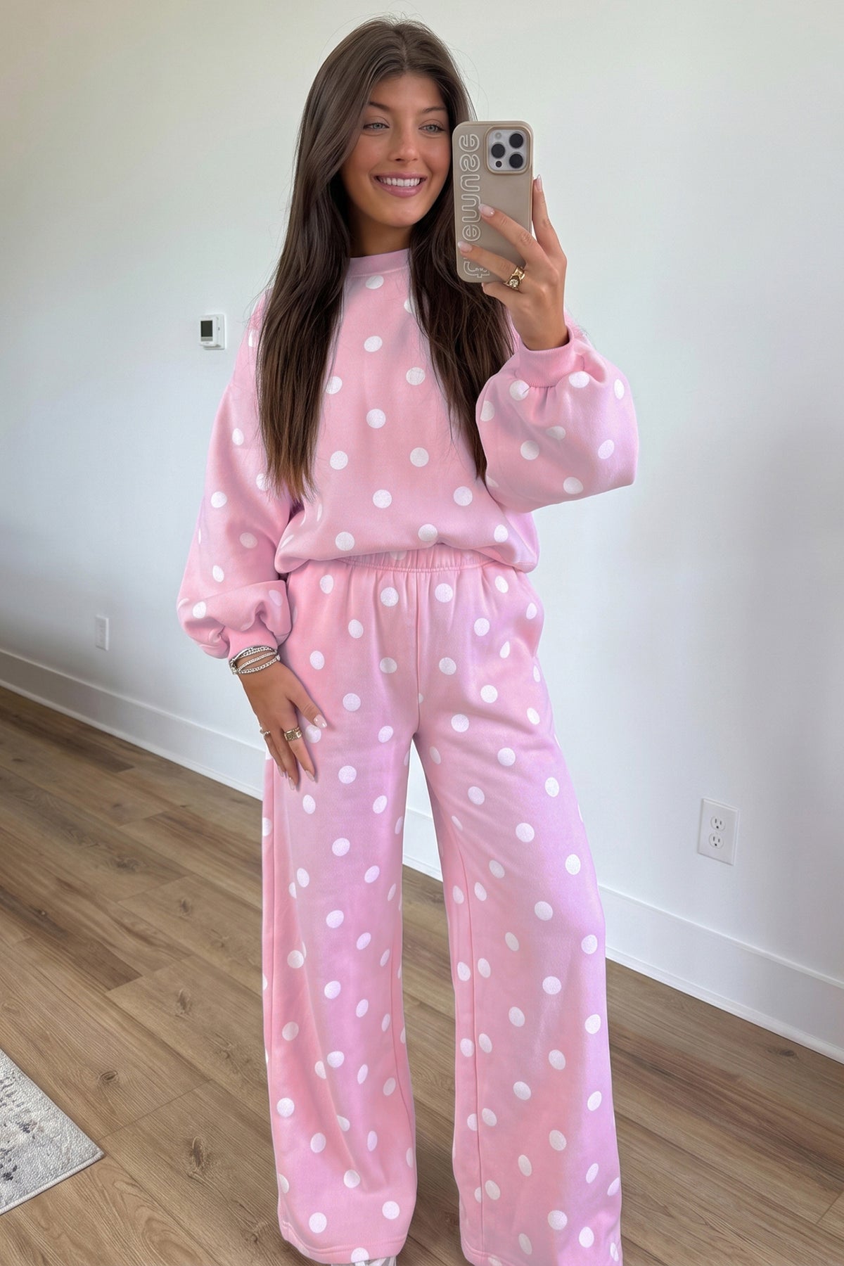 Pink Polka Dot Puff Sleeve Top Casual Pants 2pcs Set